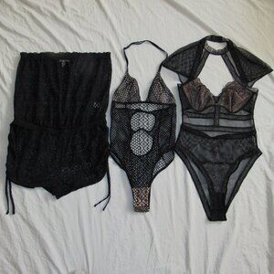 Lot of 3 Victoria's Secret Sheer Black Lace Lingerie Teddy Romper sz Medium